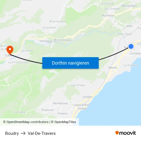 Boudry to Val-De-Travers map