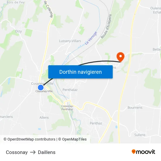 Cossonay to Daillens map