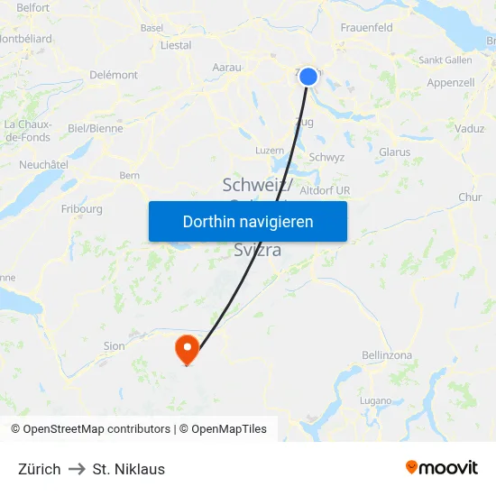 Zürich to St. Niklaus map