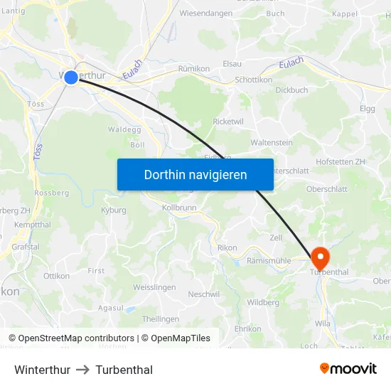 Winterthur to Turbenthal map
