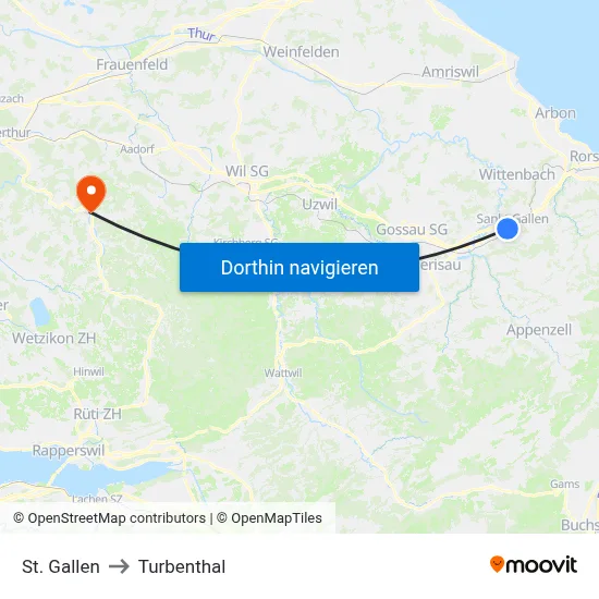 St. Gallen to Turbenthal map