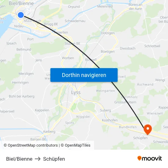 Biel/Bienne to Schüpfen map