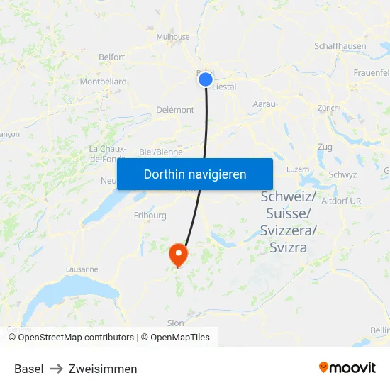 Basel to Zweisimmen map