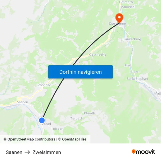 Saanen to Zweisimmen map