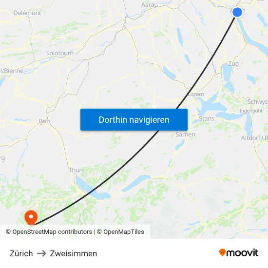 Zürich to Zweisimmen map