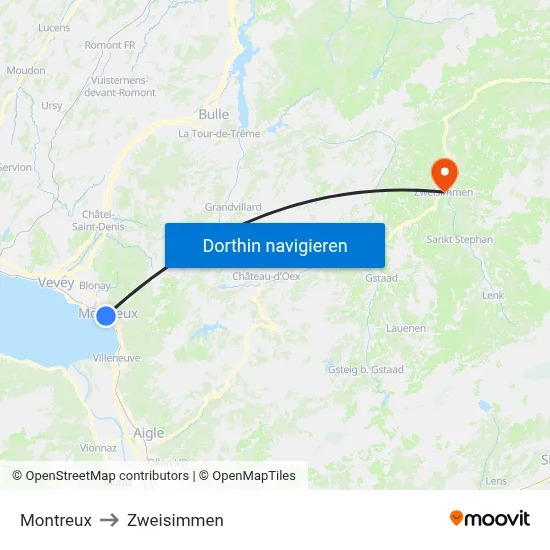 Montreux to Zweisimmen map