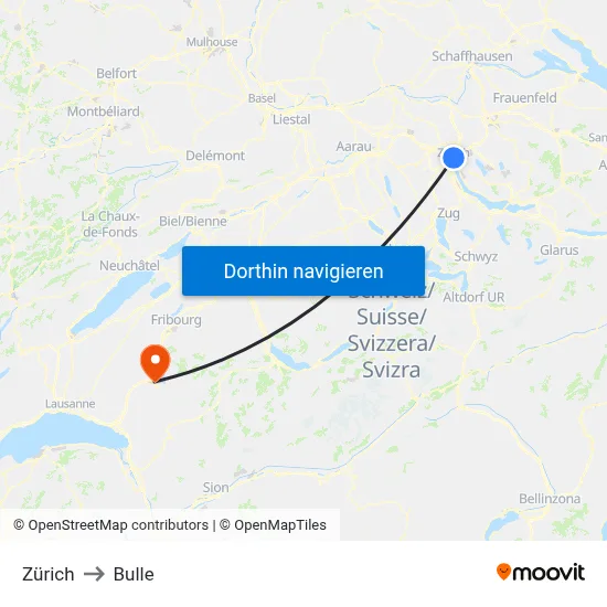 Zürich to Bulle map