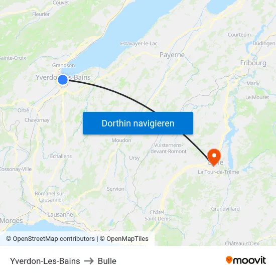 Yverdon-Les-Bains to Bulle map