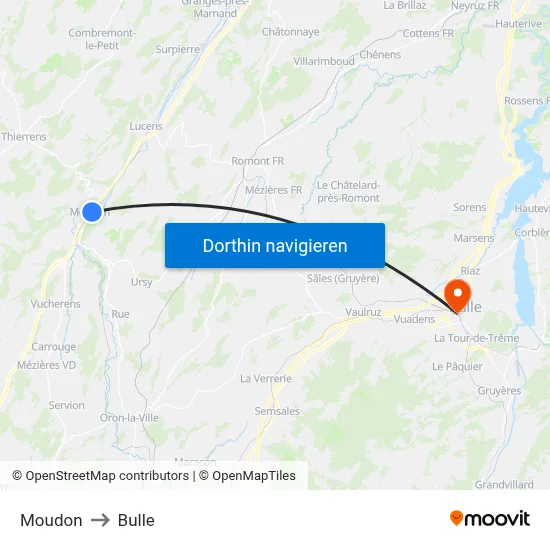 Moudon to Bulle map