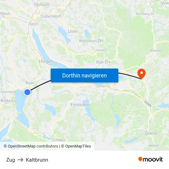 Zug to Kaltbrunn map