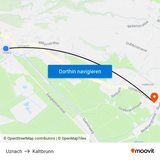 Uznach to Kaltbrunn map