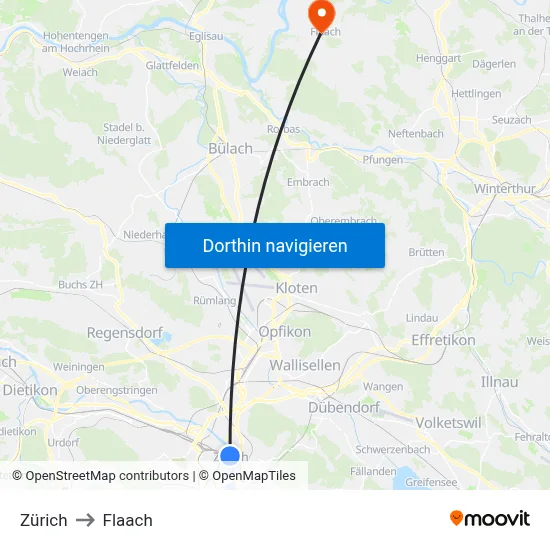Zürich to Flaach map