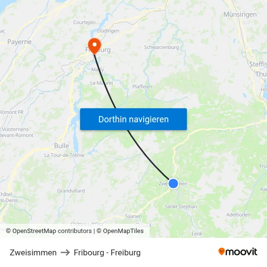 Zweisimmen to Fribourg - Freiburg map