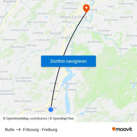 Bulle to Fribourg - Freiburg map