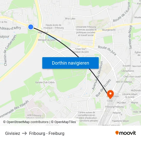 Givisiez to Fribourg - Freiburg map