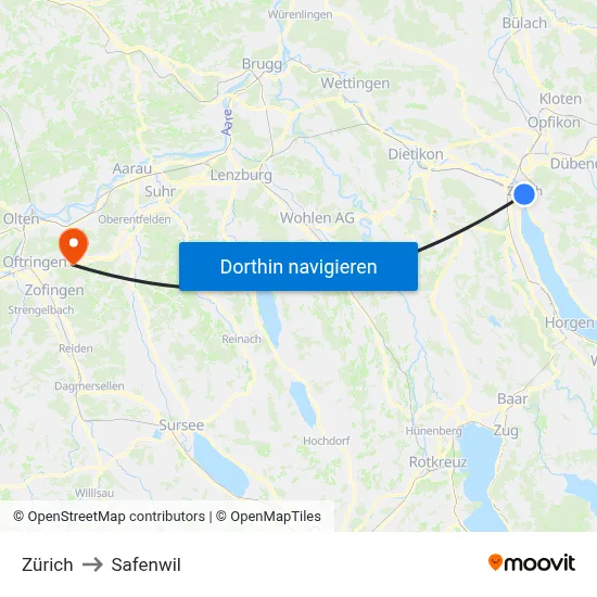 Zürich to Safenwil map
