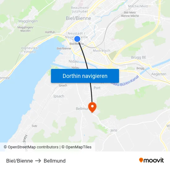 Biel/Bienne to Bellmund map