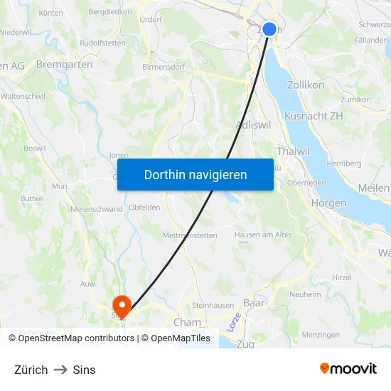 Zürich to Sins map