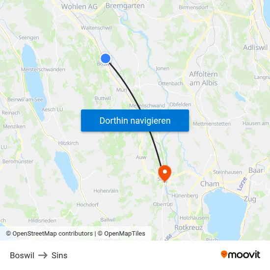 Boswil to Sins map