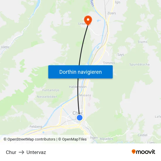 Chur to Untervaz map