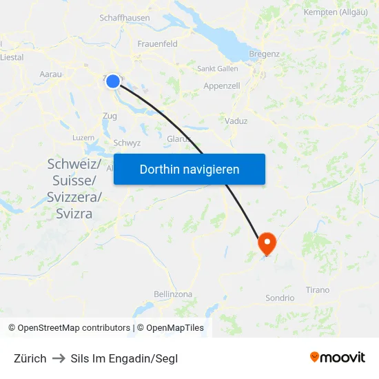 Zürich to Sils Im Engadin/Segl map