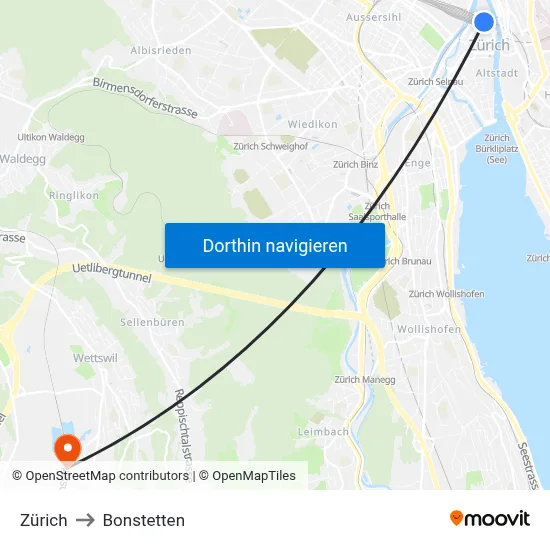 Zürich to Bonstetten map