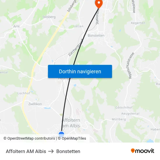 Affoltern AM Albis to Bonstetten map