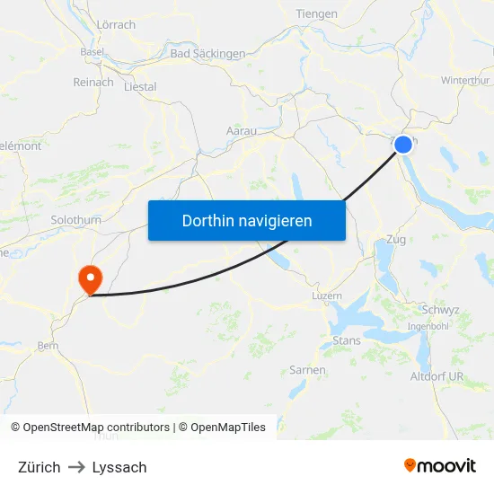 Zürich to Lyssach map