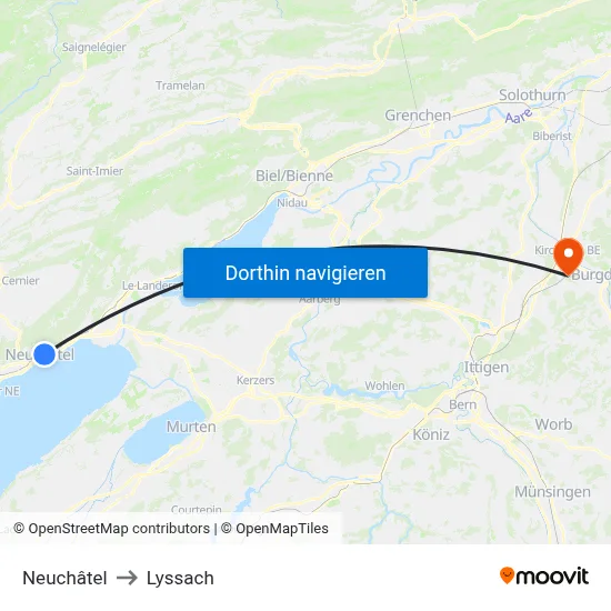Neuchâtel to Lyssach map