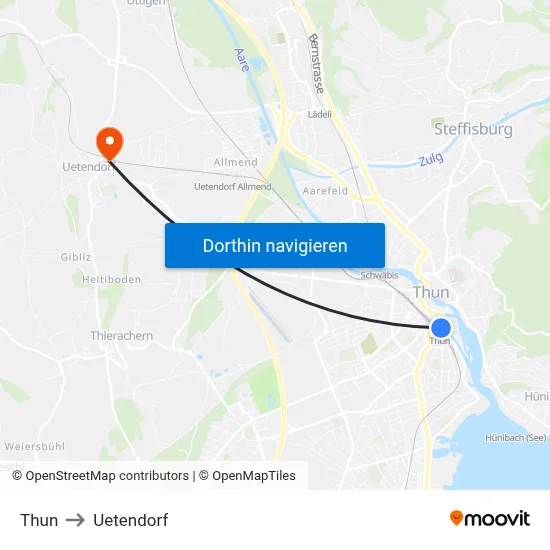 Thun to Uetendorf map
