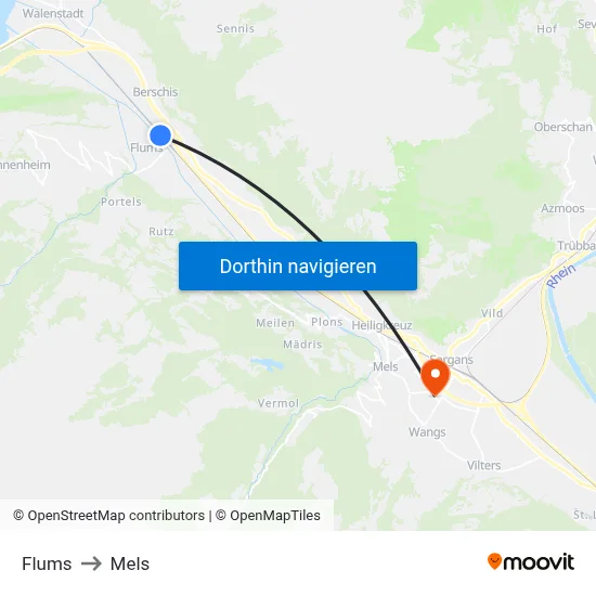 Flums to Mels map