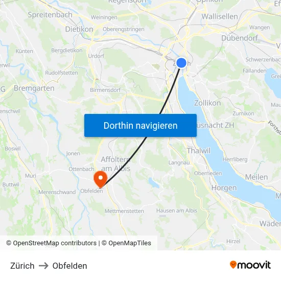 Zürich to Obfelden map