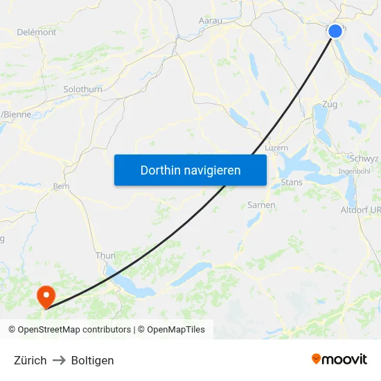 Zürich to Boltigen map