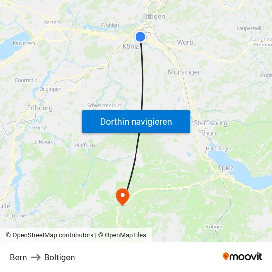 Bern to Boltigen map