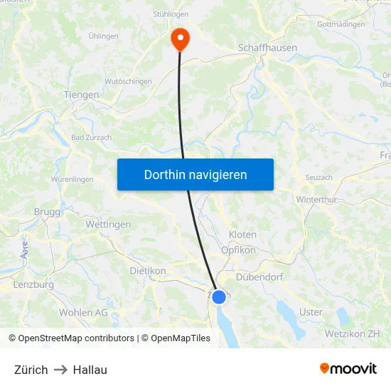 Zürich to Hallau map