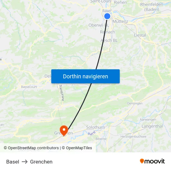 Basel to Grenchen map