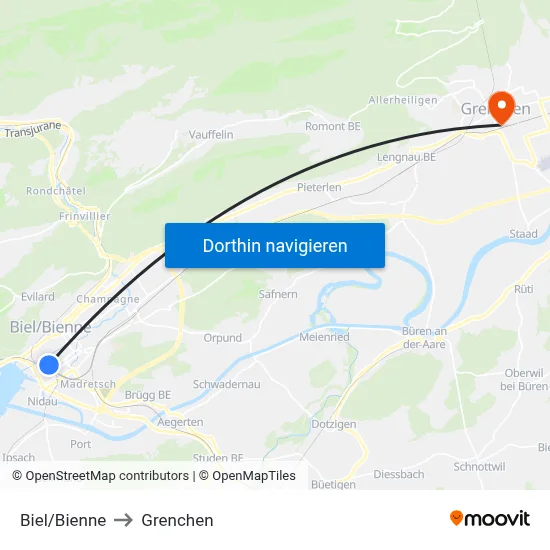 Biel/Bienne to Grenchen map