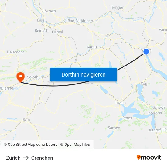 Zürich to Grenchen map