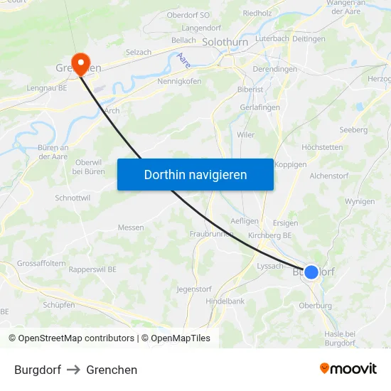 Burgdorf to Grenchen map