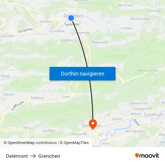 Delémont to Grenchen map