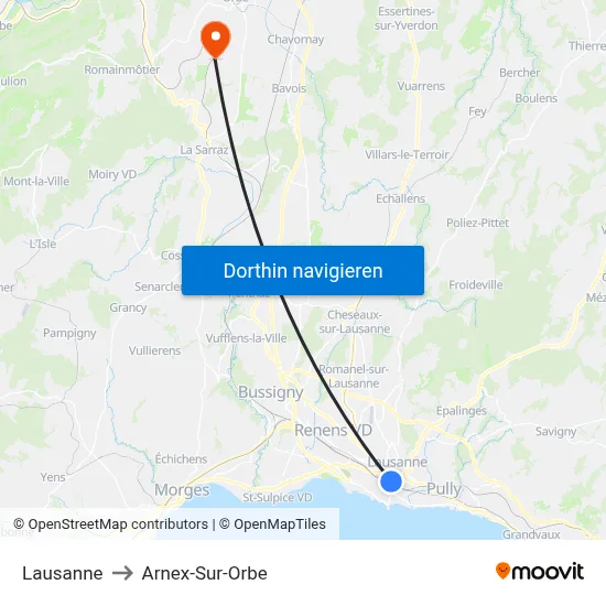 Lausanne to Arnex-Sur-Orbe map