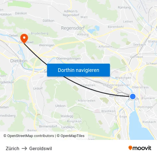 Zürich to Geroldswil map