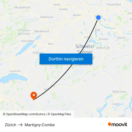 Zürich to Martigny-Combe map