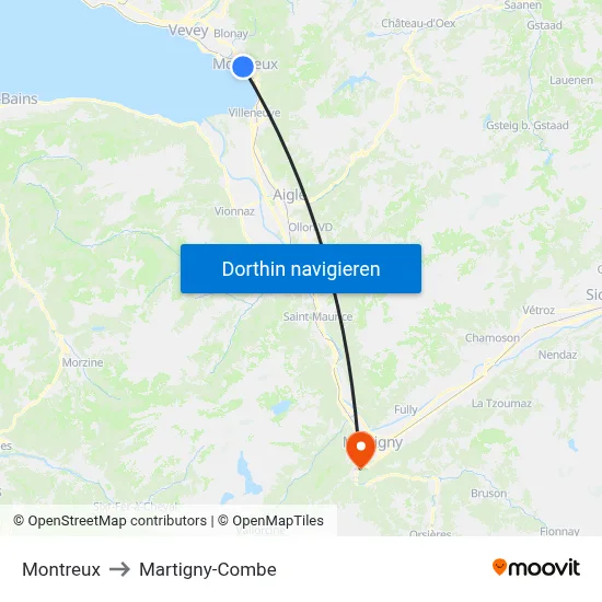 Montreux to Martigny-Combe map
