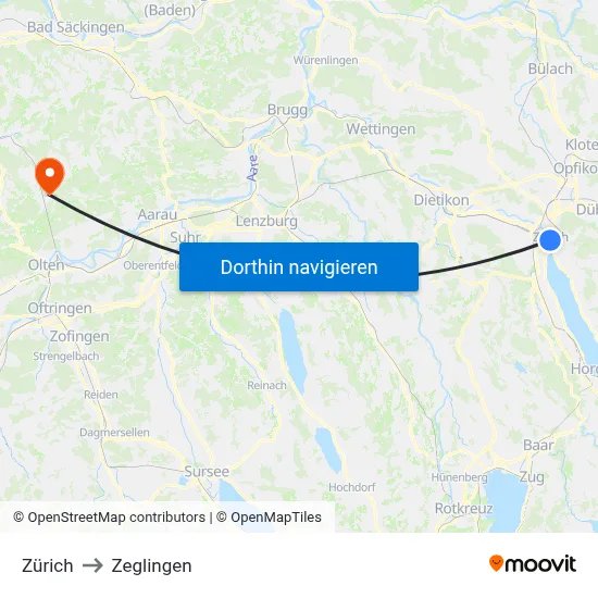 Zürich to Zeglingen map