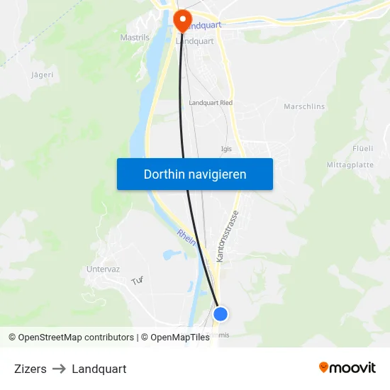 Zizers to Landquart map