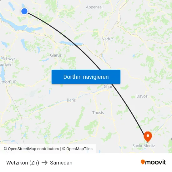 Wetzikon (Zh) to Samedan map