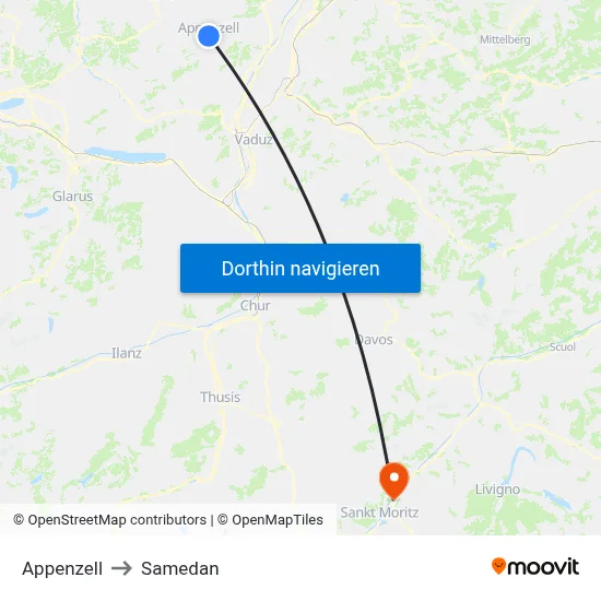 Appenzell to Samedan map