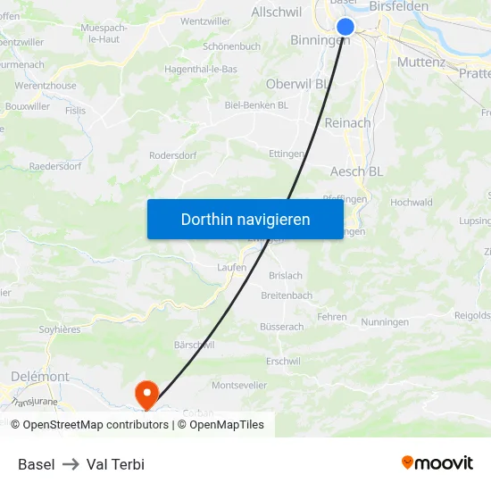 Basel to Val Terbi map
