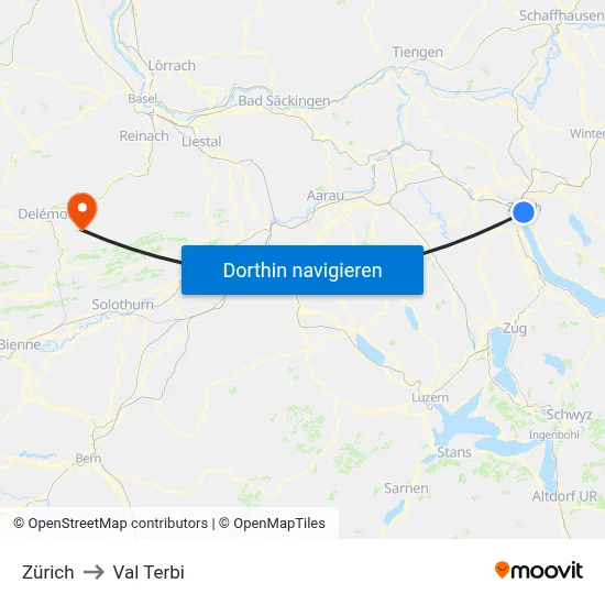 Zürich to Val Terbi map